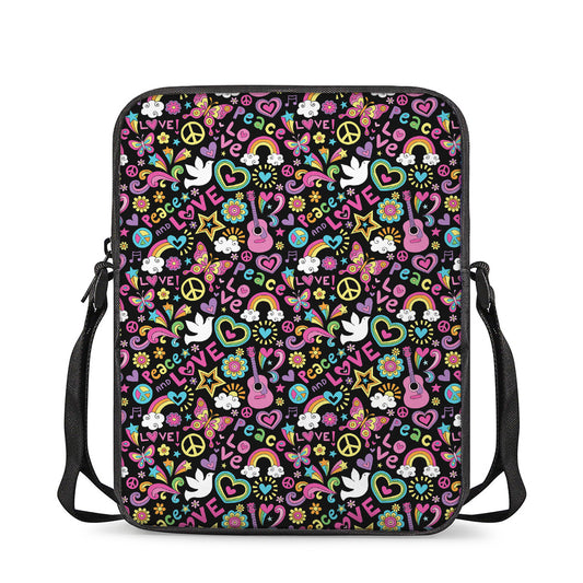 Hippie Peace Sign And Love Pattern Print Rectangular Crossbody Bag