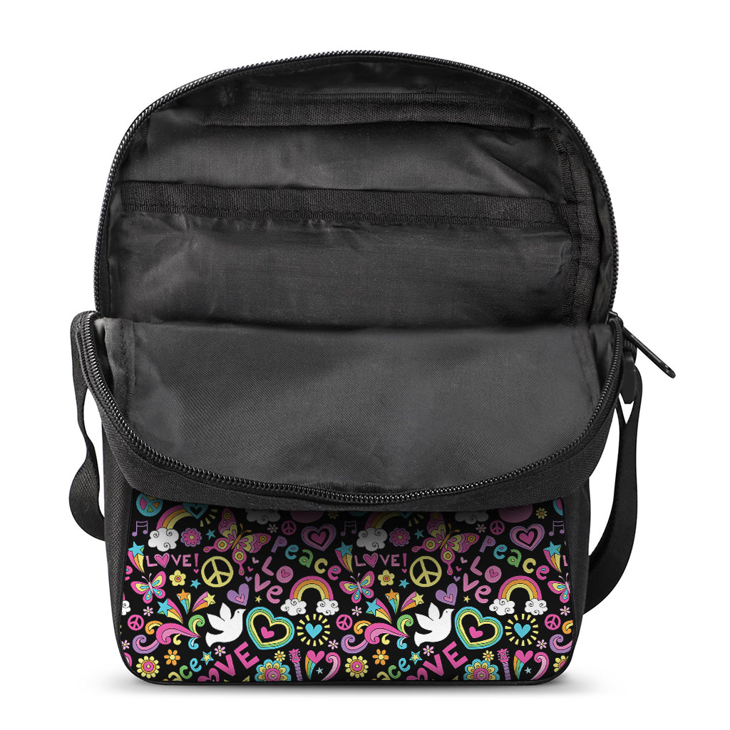 Hippie Peace Sign And Love Pattern Print Rectangular Crossbody Bag
