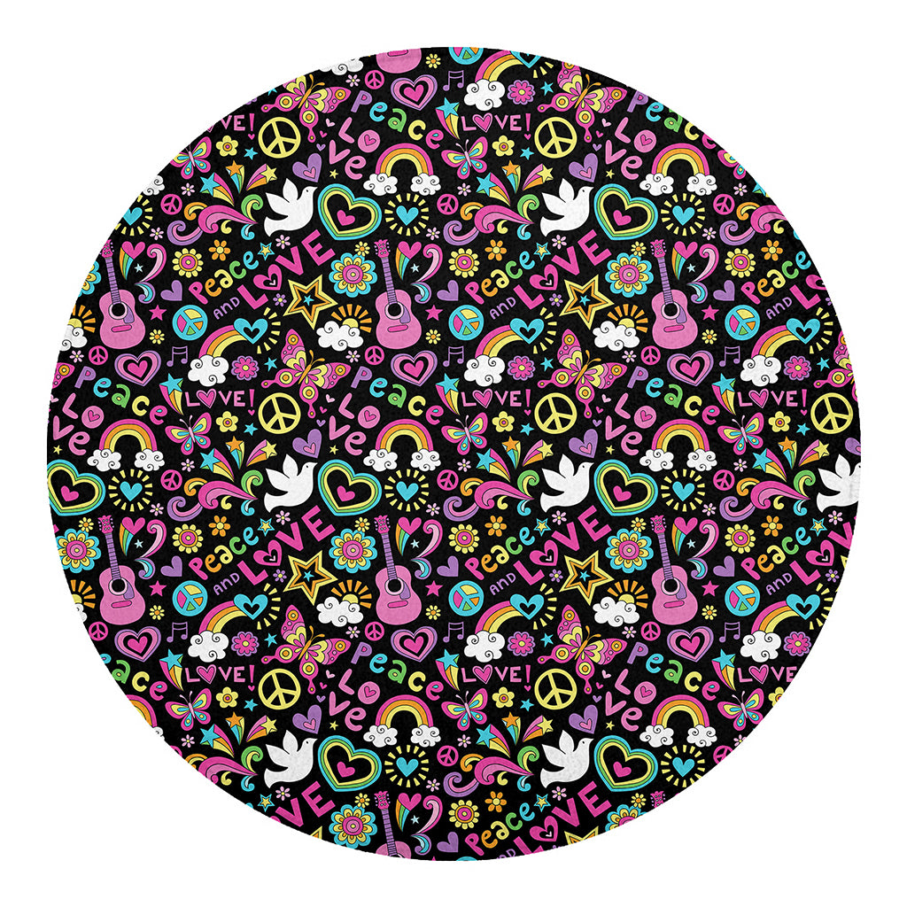 Hippie Peace Sign And Love Pattern Print Round Blanket