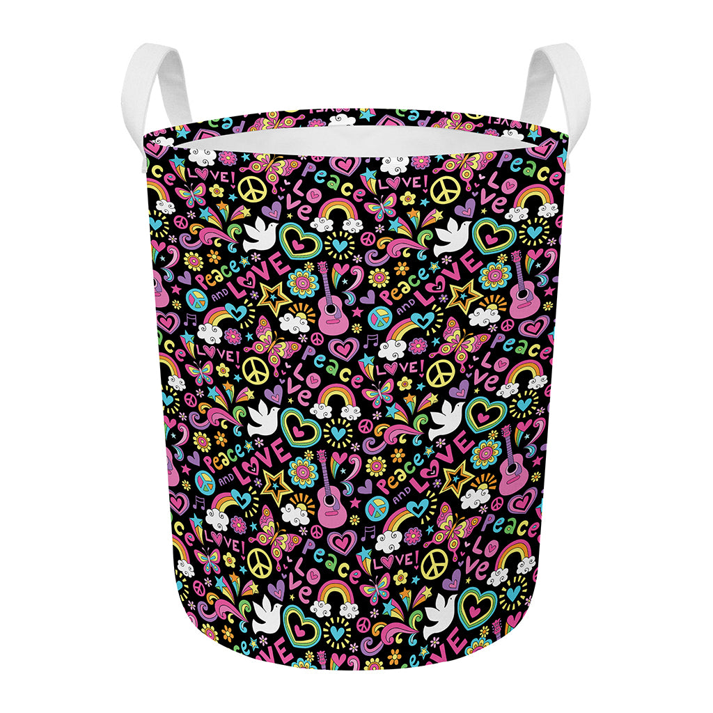 Hippie Peace Sign And Love Pattern Print Round Laundry Basket