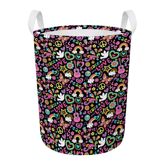Hippie Peace Sign And Love Pattern Print Round Laundry Basket
