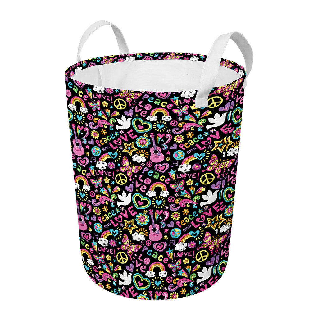 Hippie Peace Sign And Love Pattern Print Round Laundry Basket