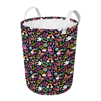 Hippie Peace Sign And Love Pattern Print Round Laundry Basket