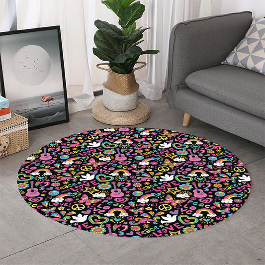 Hippie Peace Sign And Love Pattern Print Round Rug