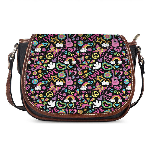 Hippie Peace Sign And Love Pattern Print Saddle Bag