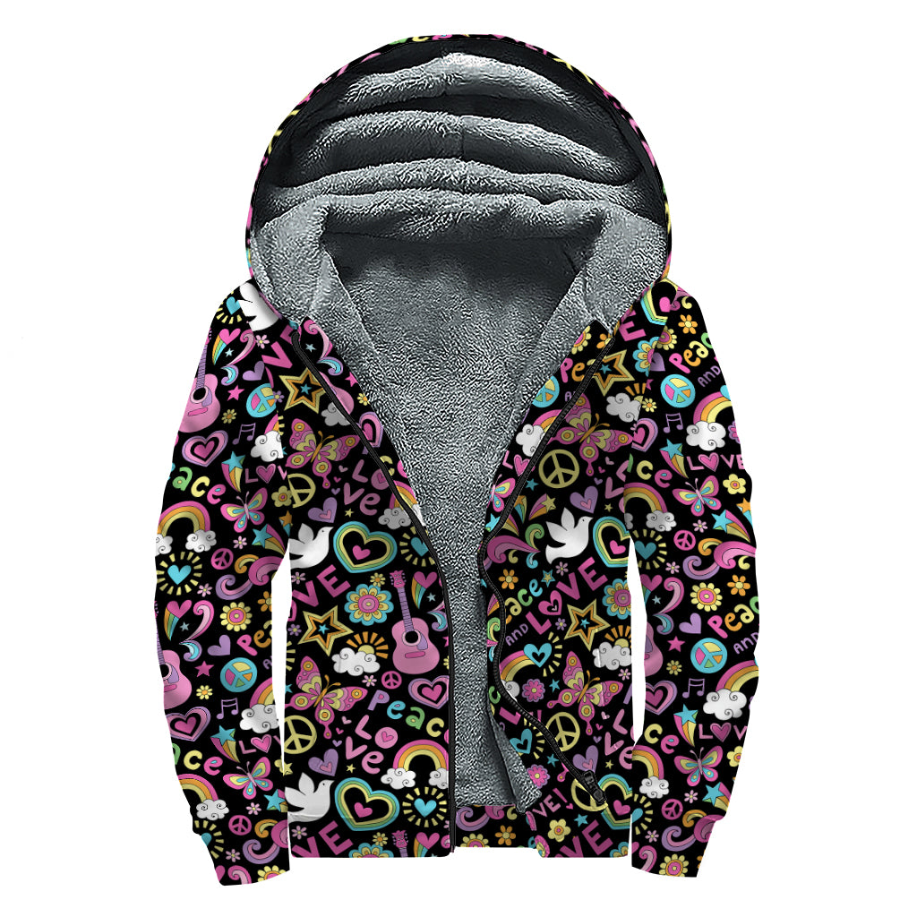 Hippie Peace Sign And Love Pattern Print Sherpa Lined Zip Up Hoodie
