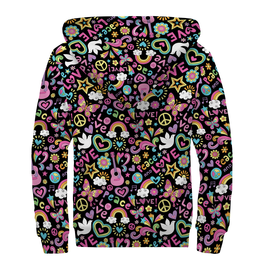 Hippie Peace Sign And Love Pattern Print Sherpa Lined Zip Up Hoodie