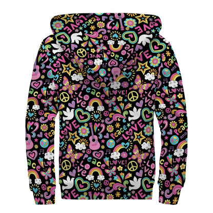 Hippie Peace Sign And Love Pattern Print Sherpa Lined Zip Up Hoodie