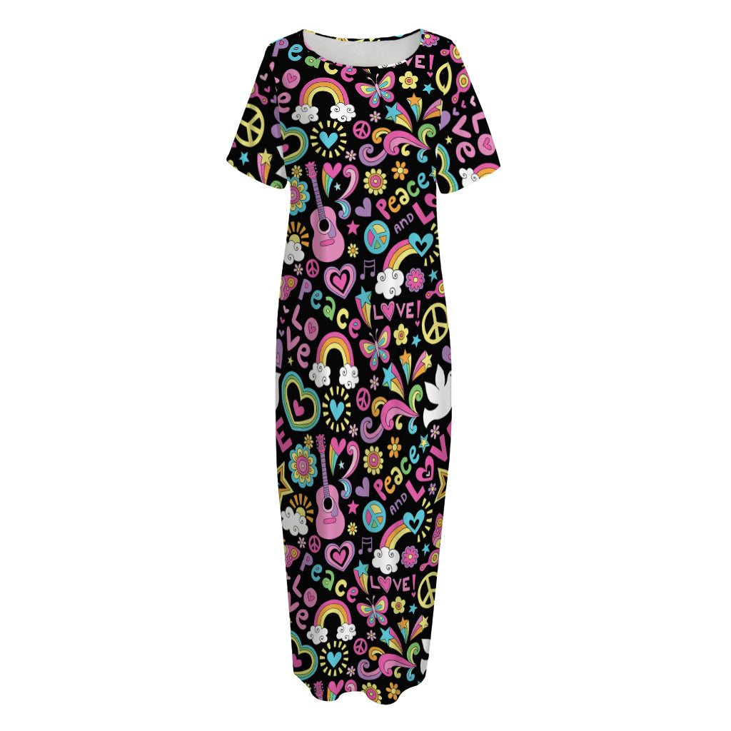 Hippie Peace Sign And Love Pattern Print Short Sleeve Long Nightdress