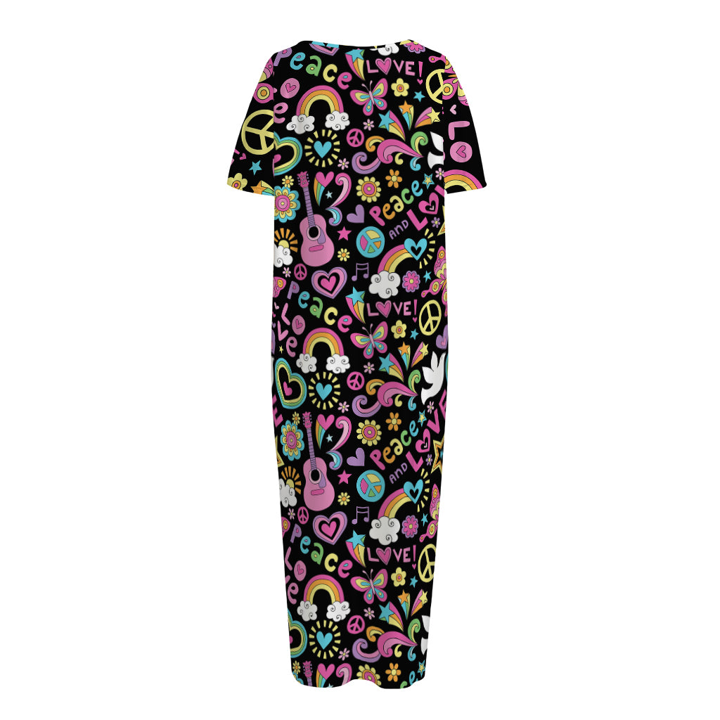 Hippie Peace Sign And Love Pattern Print Short Sleeve Long Nightdress