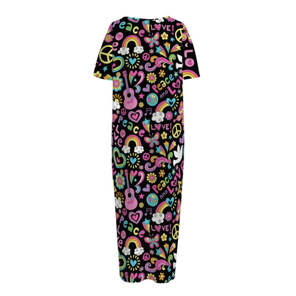 Hippie Peace Sign And Love Pattern Print Short Sleeve Long Nightdress