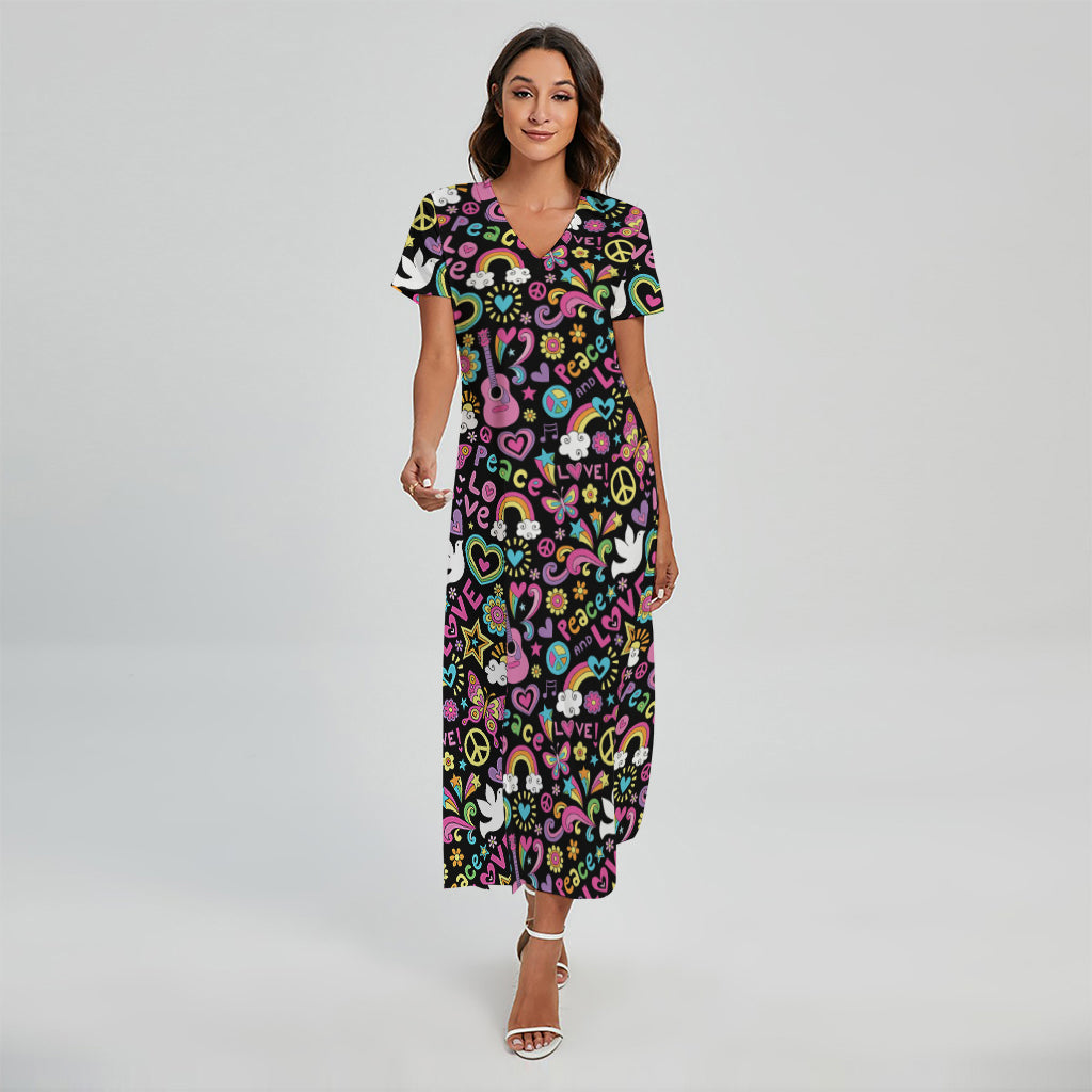 Hippie Peace Sign And Love Pattern Print Short Sleeve Maxi Dress