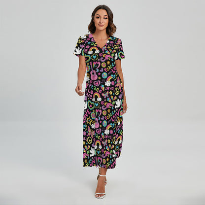 Hippie Peace Sign And Love Pattern Print Short Sleeve Maxi Dress