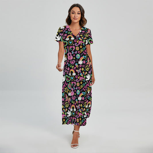 Hippie Peace Sign And Love Pattern Print Short Sleeve Maxi Dress