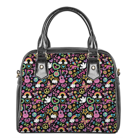 Hippie Peace Sign And Love Pattern Print Shoulder Handbag