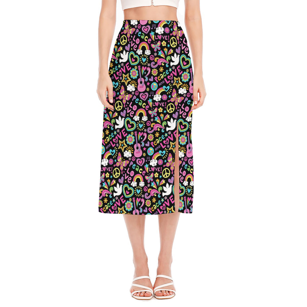 Hippie Peace Sign And Love Pattern Print Side Slit Midi Skirt