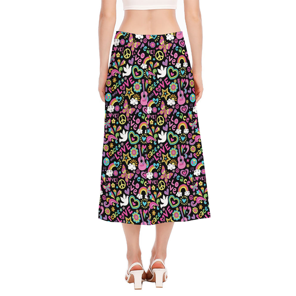 Hippie Peace Sign And Love Pattern Print Side Slit Midi Skirt