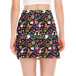 Hippie Peace Sign And Love Pattern Print Side Slit Mini Skirt