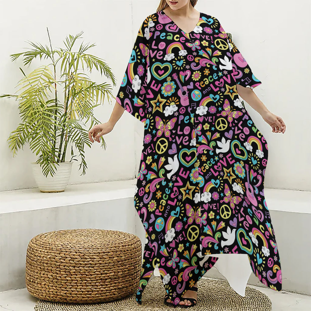 Hippie Peace Sign And Love Pattern Print Silk V-Neck Kaftan Dress