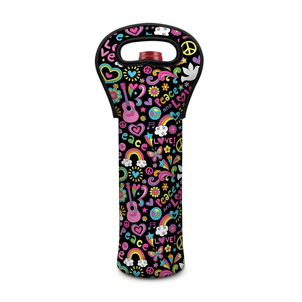 Hippie Peace Sign And Love Pattern Print Single Neoprene Wine Tote