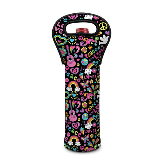 Hippie Peace Sign And Love Pattern Print Single Neoprene Wine Tote