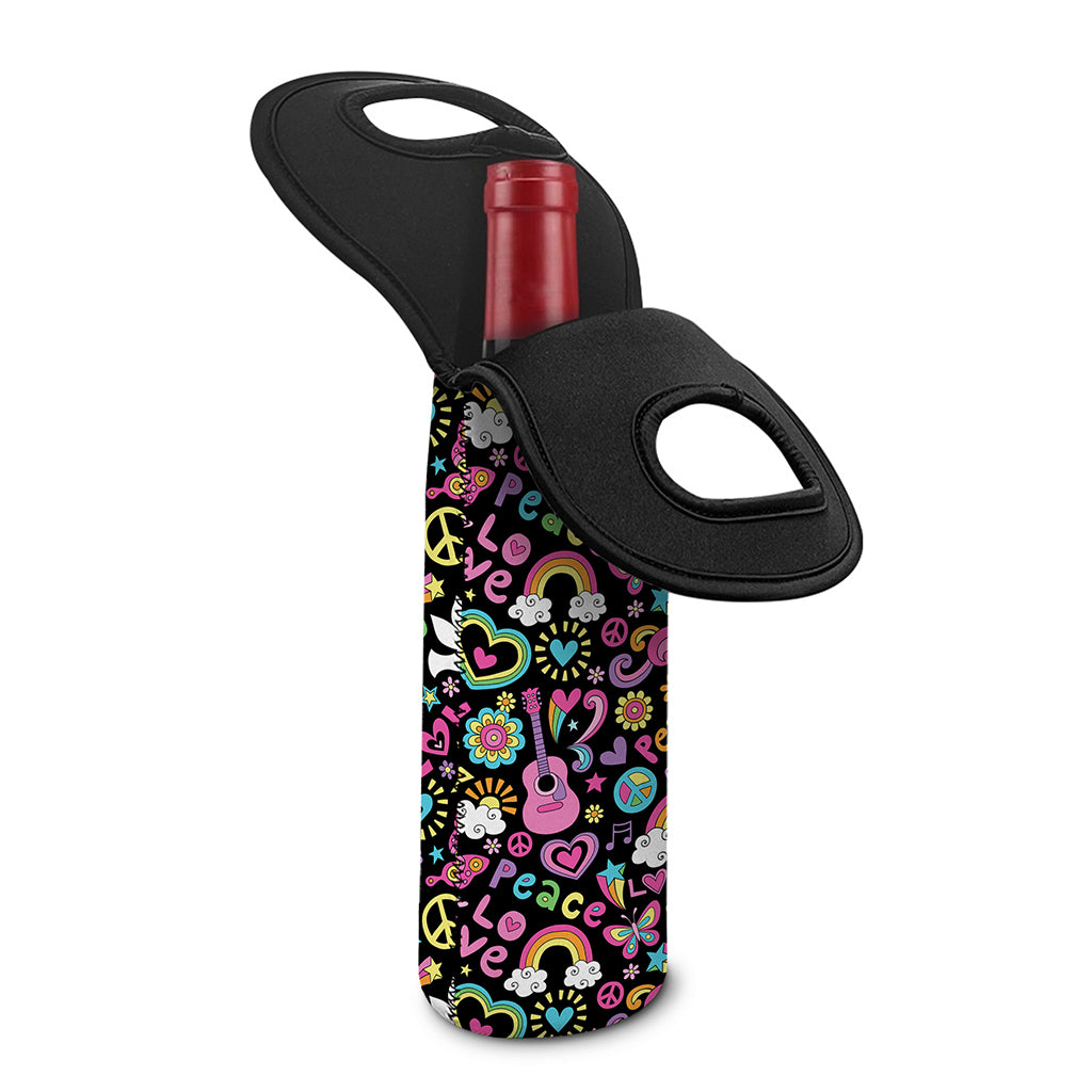 Hippie Peace Sign And Love Pattern Print Single Neoprene Wine Tote