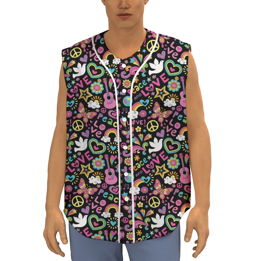 Hippie Peace Sign And Love Pattern Print Sleeveless Baseball Jersey
