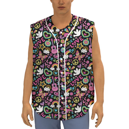 Hippie Peace Sign And Love Pattern Print Sleeveless Baseball Jersey