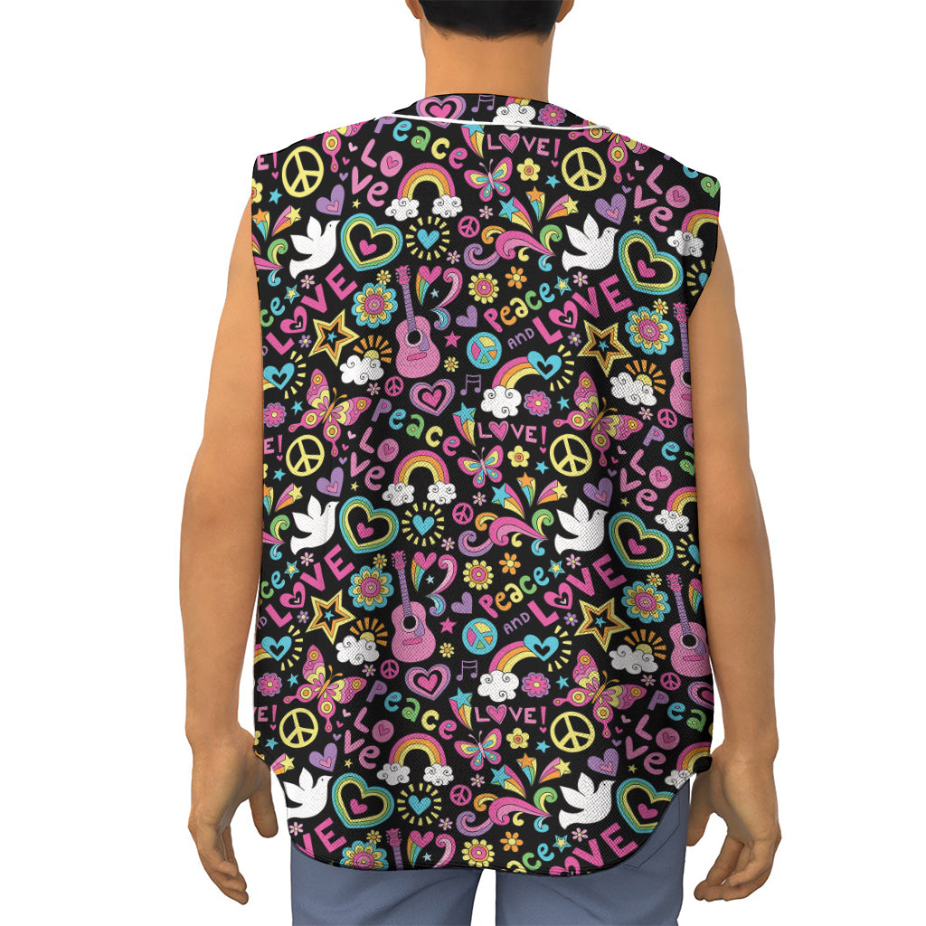 Hippie Peace Sign And Love Pattern Print Sleeveless Baseball Jersey