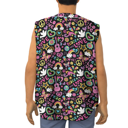 Hippie Peace Sign And Love Pattern Print Sleeveless Baseball Jersey