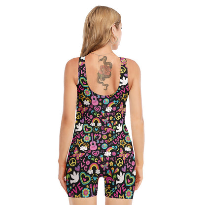 Hippie Peace Sign And Love Pattern Print Sleeveless One Piece Swimsuit