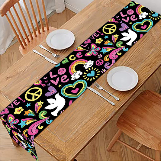 Hippie Peace Sign And Love Pattern Print Table Runner