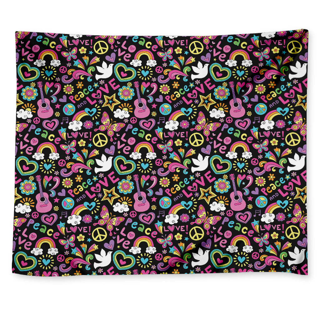 Hippie Peace Sign And Love Pattern Print Tapestry