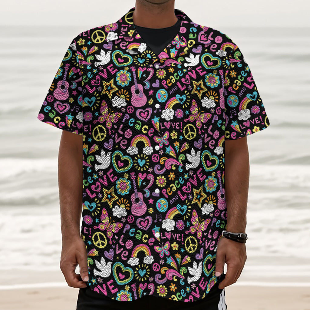 Hippie Peace Sign And Love Pattern Print Textured Short Sleeve Shirt
