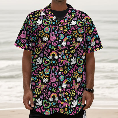 Hippie Peace Sign And Love Pattern Print Textured Short Sleeve Shirt