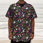 Hippie Peace Sign And Love Pattern Print Textured Short Sleeve Shirt