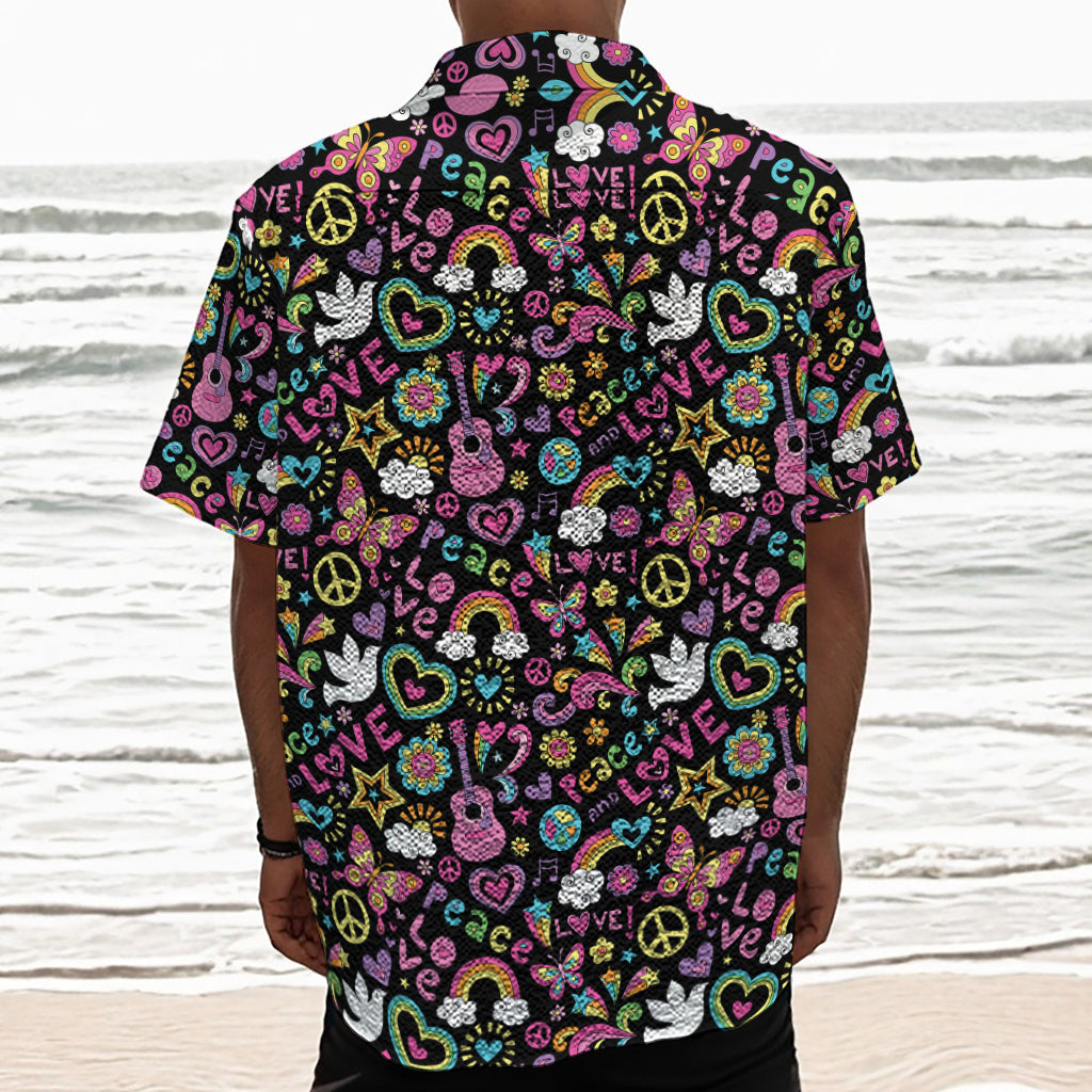 Hippie Peace Sign And Love Pattern Print Textured Short Sleeve Shirt
