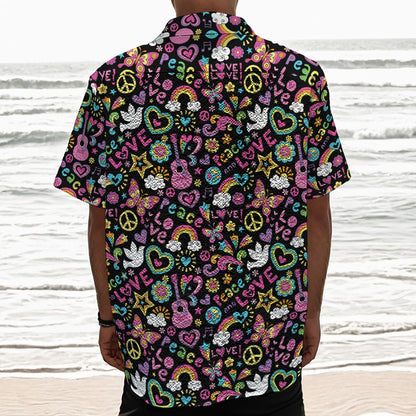 Hippie Peace Sign And Love Pattern Print Textured Short Sleeve Shirt