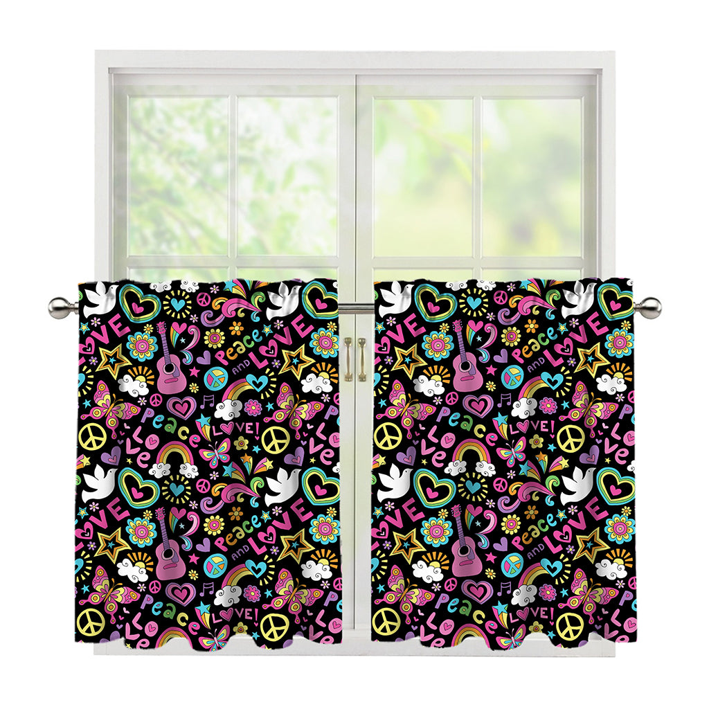 Hippie Peace Sign And Love Pattern Print Tier Curtains
