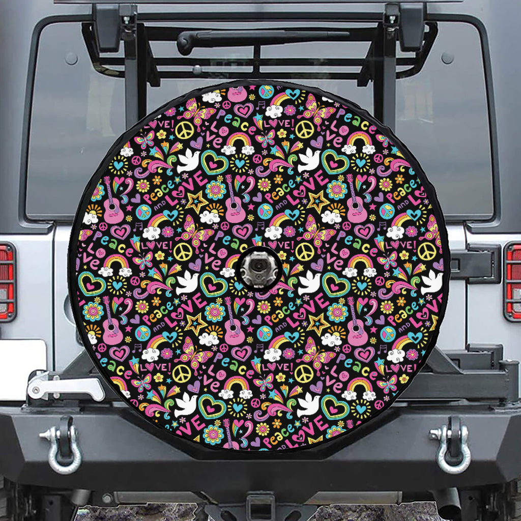 Hippie Peace Sign And Love Pattern Print Tire Cover With Camera Hole