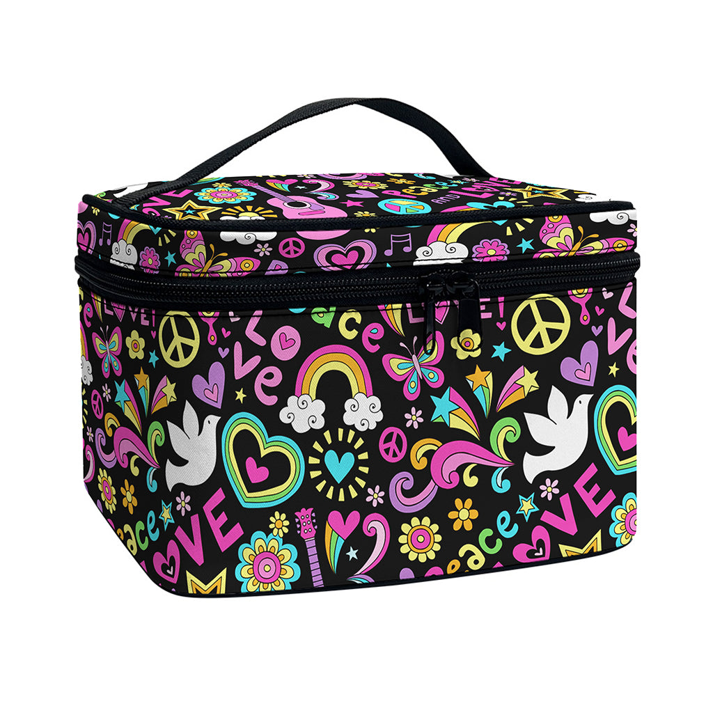 Hippie Peace Sign And Love Pattern Print Travel Makeup Bag