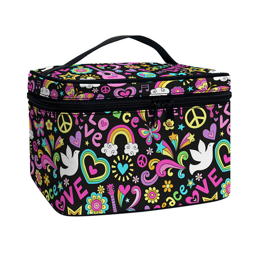 Hippie Peace Sign And Love Pattern Print Travel Makeup Bag