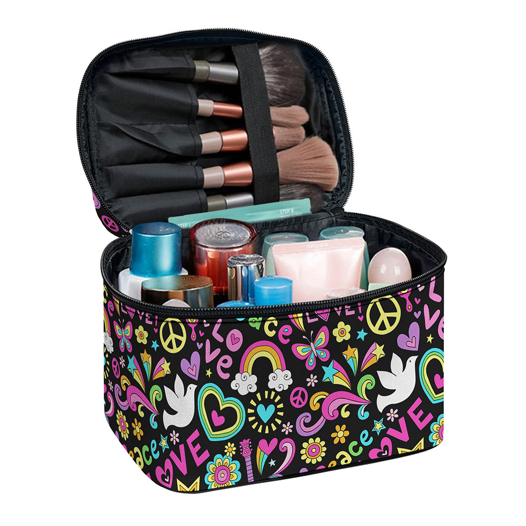 Hippie Peace Sign And Love Pattern Print Travel Makeup Bag