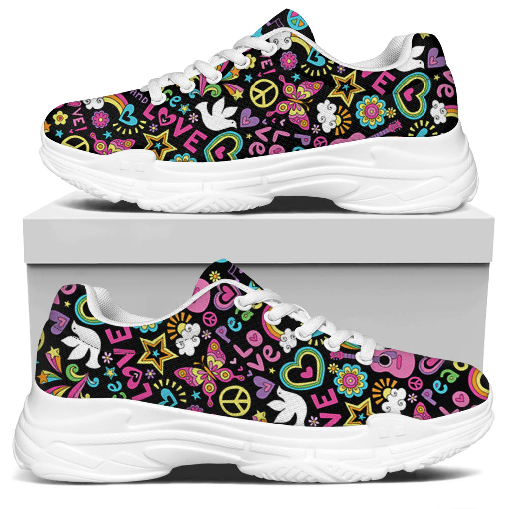 Hippie Peace Sign And Love Pattern Print White Chunky Shoes
