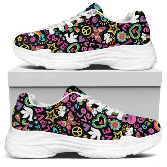 Hippie Peace Sign And Love Pattern Print White Chunky Shoes