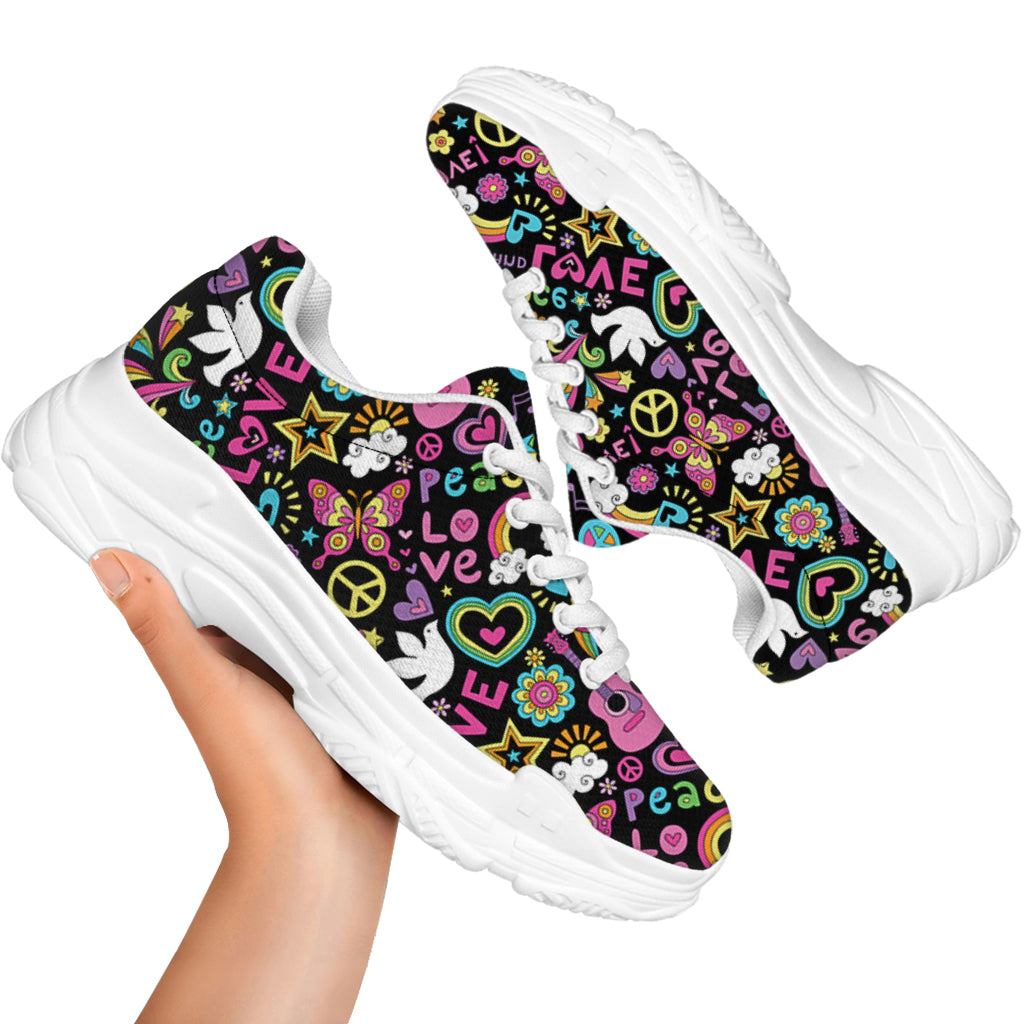 Hippie Peace Sign And Love Pattern Print White Chunky Shoes