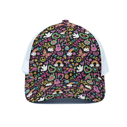 Hippie Peace Sign And Love Pattern Print White Mesh Trucker Cap