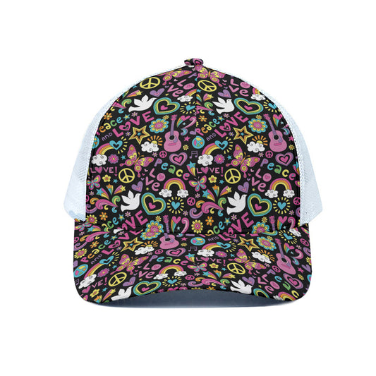 Hippie Peace Sign And Love Pattern Print White Mesh Trucker Cap