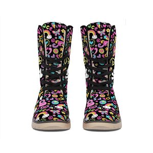 Hippie Peace Sign And Love Pattern Print Winter Boots