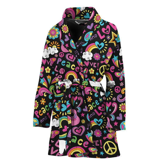 Hippie Peace Sign And Love Pattern Print Women's Bathrobe